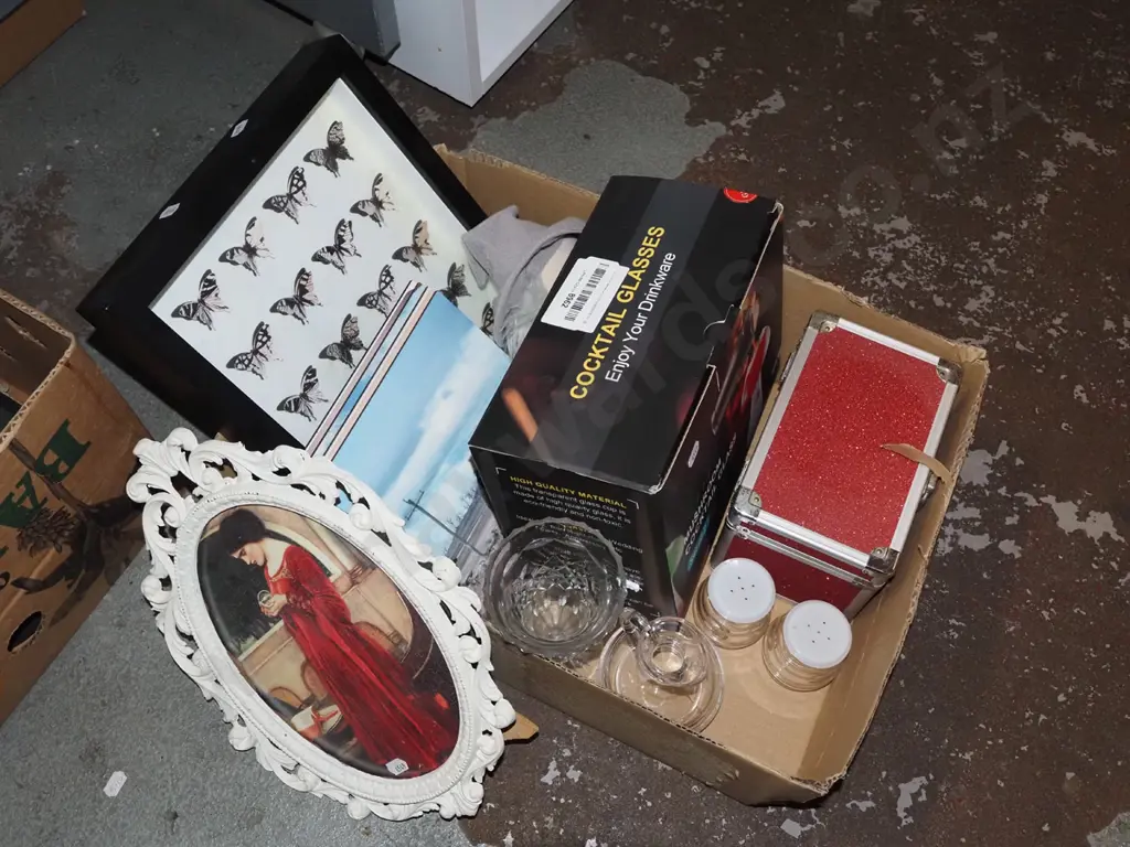 box; cocktail glasses, placemats, butterfly prints etc Image 1++