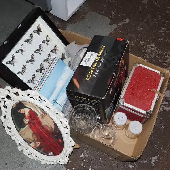 box; cocktail glasses, placemats, butterfly prints etc