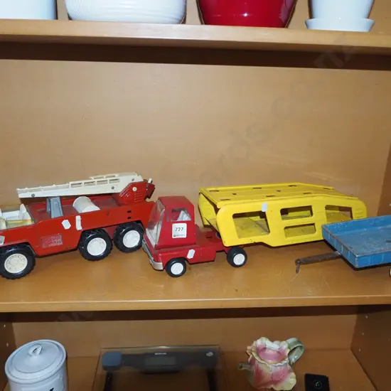 tin toy fire truck, car transporter, fun ho trailer - damage