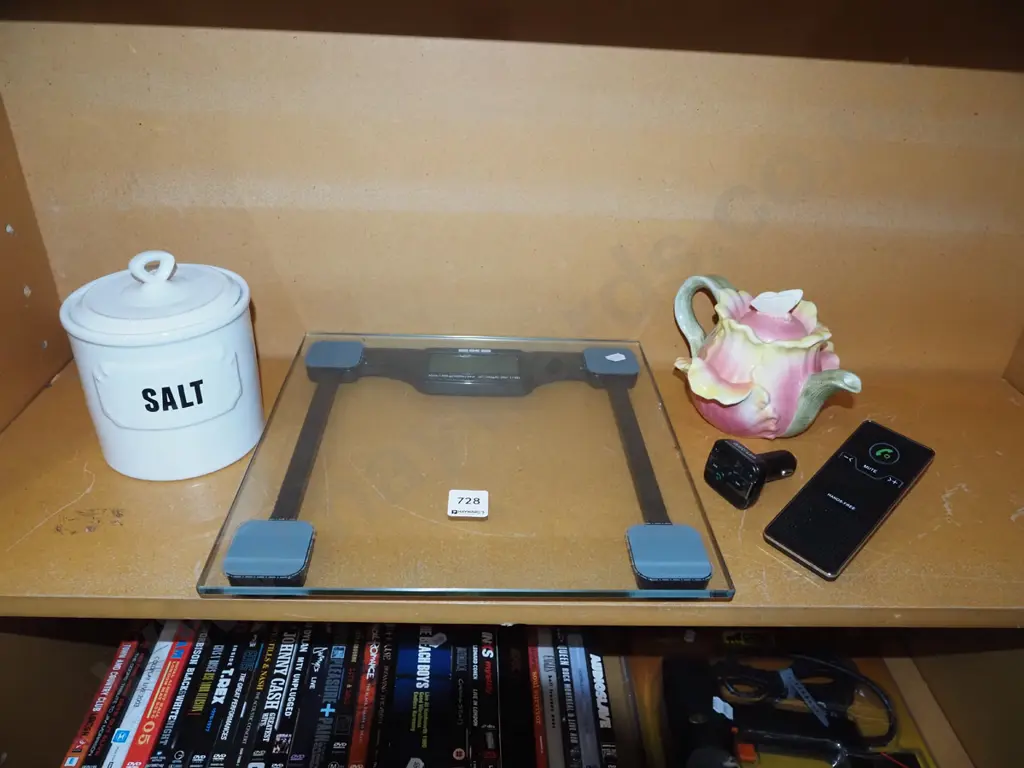 lidded salt canister, kitchen scales, tea pot, car phone hands free kit Image 1++