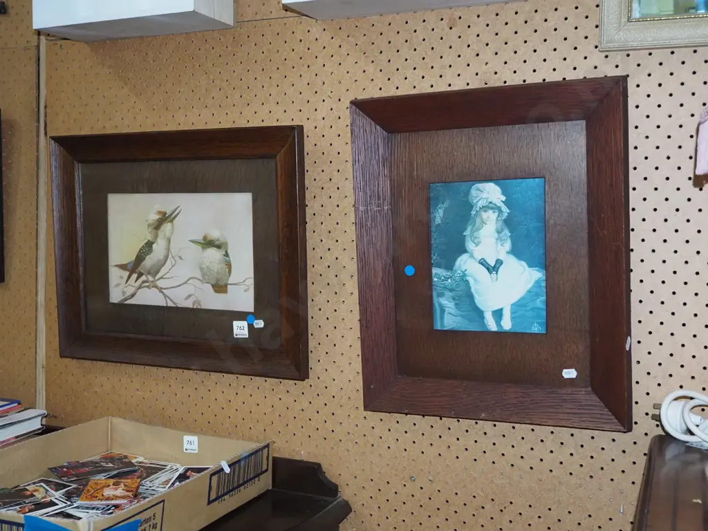 2x oak framed prints - kookaburras, seated girl -  blue dots Image 1++