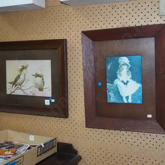 2x oak framed prints - kookaburras, seated girl -  blue dots