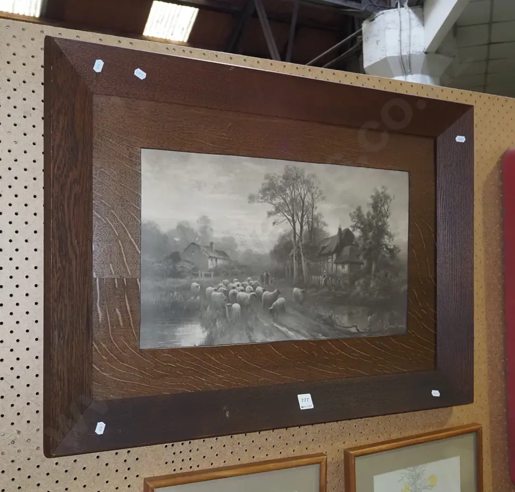 oak framed print - village shepherd and flock - no glass Image 1++