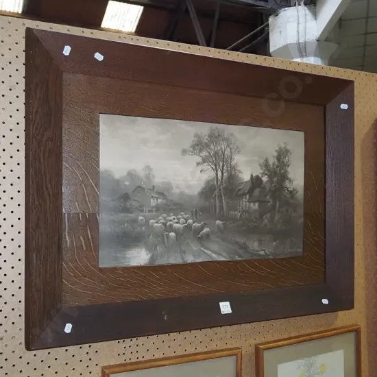 oak framed print - village shepherd and flock - no glass