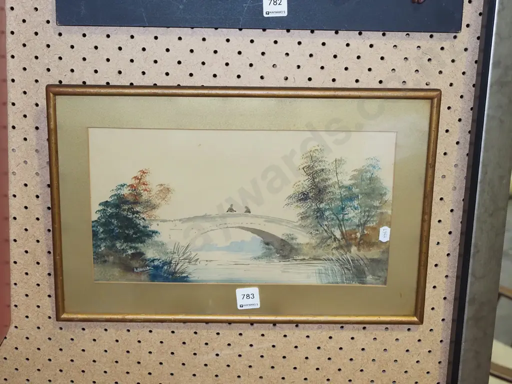 framed watercolour - bridge over river - foxing  Image 1++