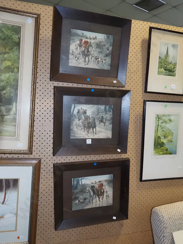 3x oak framed hunting/carriage themed prints - blue dots Image 1++