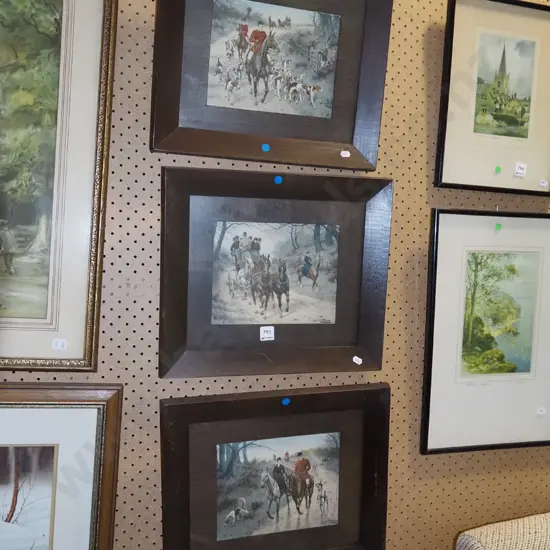 3x oak framed hunting/carriage themed prints - blue dots