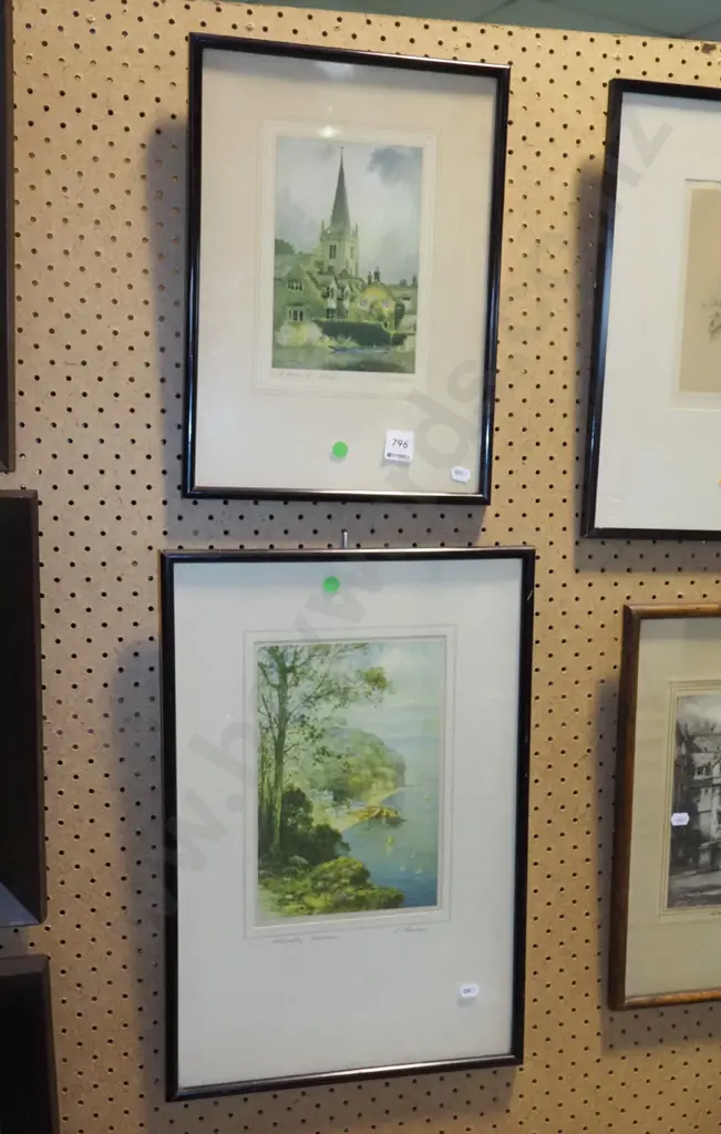 2x faded prints -church, coastal scene -  green dots Image 1++