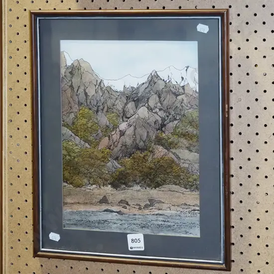 framed ink and watercolour - stream and mountain scene