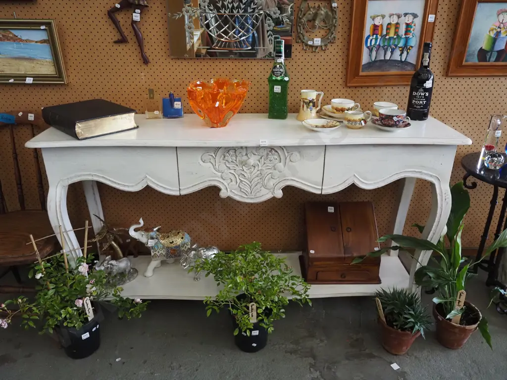 reproduction French style cabriolet 2 tier sideboard - distressed paint, ornate drawer H845 W1520 D410 Image 1++