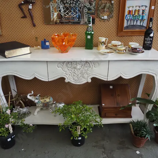 reproduction French style cabriolet 2 tier sideboard - distressed paint, ornate drawer H845 W1520 D410