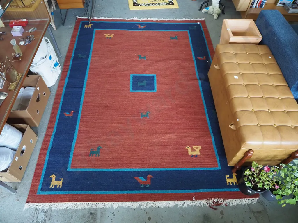 woven jute style floor mat - blue, crimson, green L3500 W1720 Image 1++