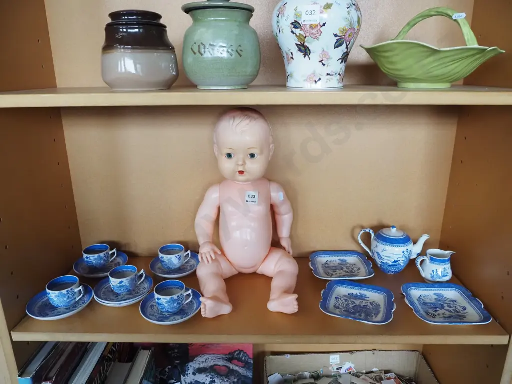 plastic baby doll, miniature tea set Image 1++