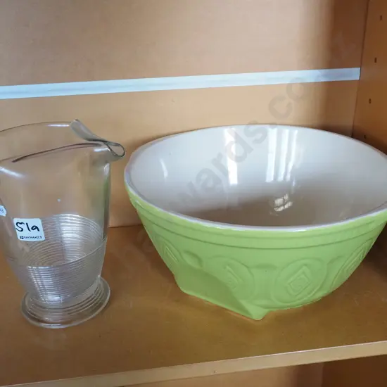 large green ceramic mixing bowl, glass jug