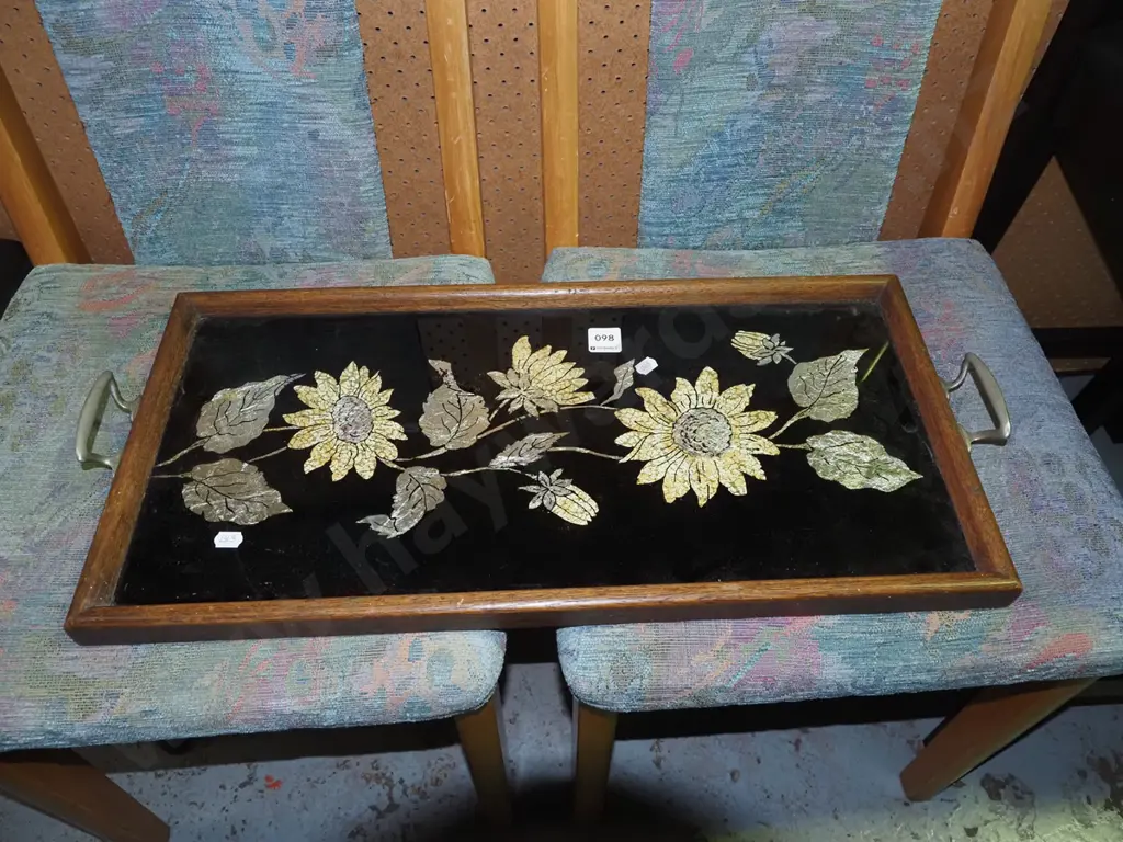 oak serving tray with metal handles and gilt sunflowers under glass Image 1++