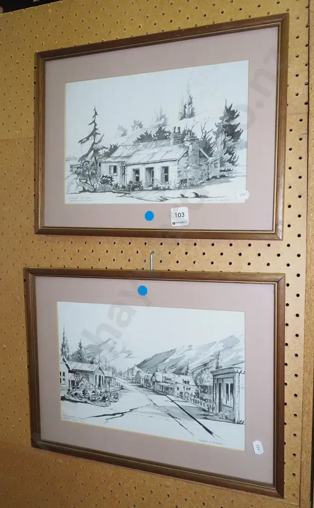 2x Robert F Sansom prints - Arrowtown - blue dots Image 1++