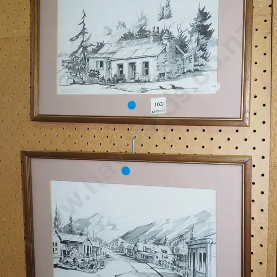 2x Robert F Sansom prints - Arrowtown - blue dots