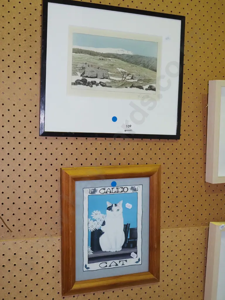 2x framed prints - landscape, cat - blue dots Image 1++