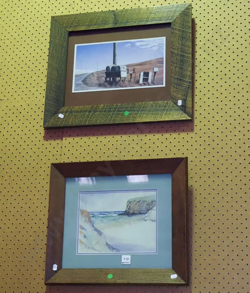  framed Grahame Sydney poster print, framed watercolour - coastal scene - green dots Image 1++