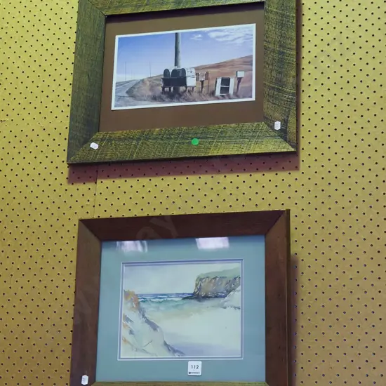  framed Grahame Sydney poster print, framed watercolour - coastal scene - green dots