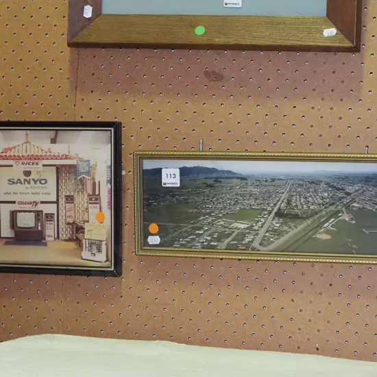 2x framed photo prints - Sanyo TV display, aerial photograph - orange dots