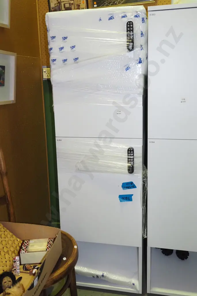 mdf white melteca 2 bay locker with pin pad locks H525 W450 D500 Image 1++