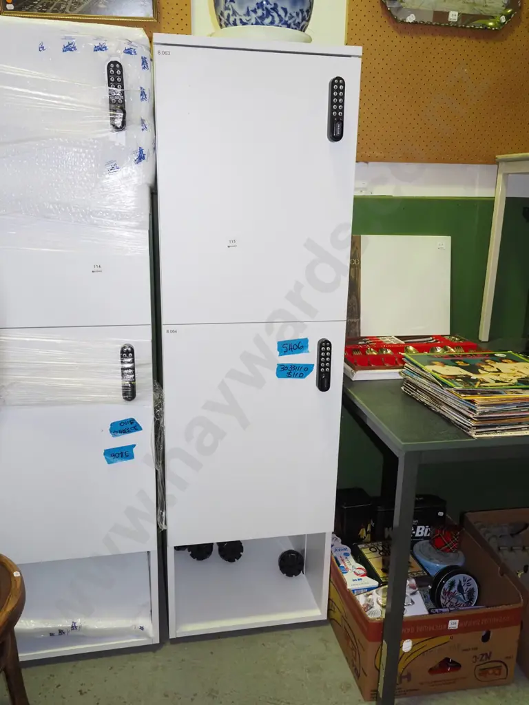 mdf white melteca 2 bay locker with pin pad locks H525 W450 D500 Image 1++