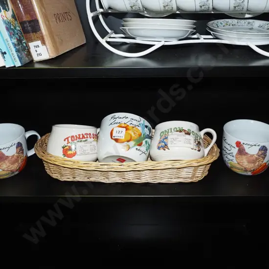 5x soup mugs, cane basket