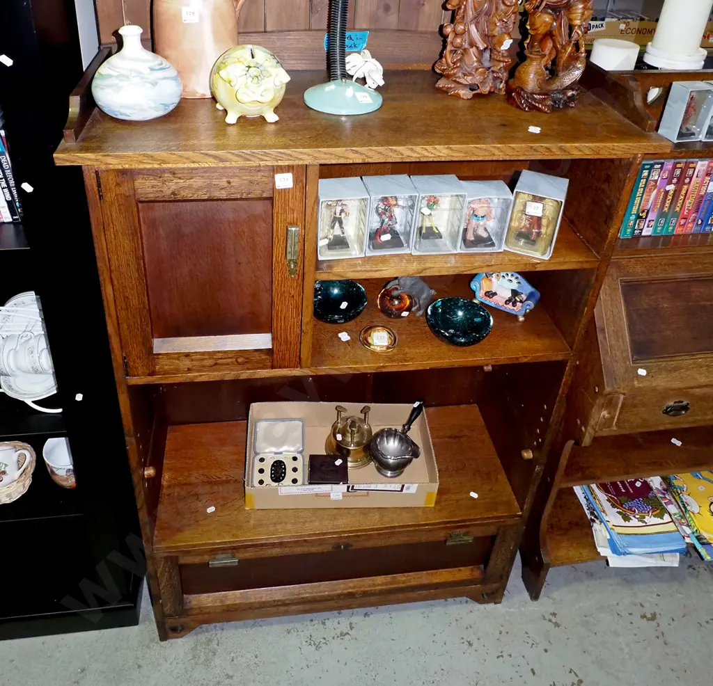 solid oak arts and craft bookcase wall unit with single cupboard door, adjustable shelf Image 1++