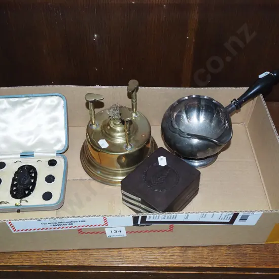box; kerosene stove, gravy boat, bakelite concertina storage etc
