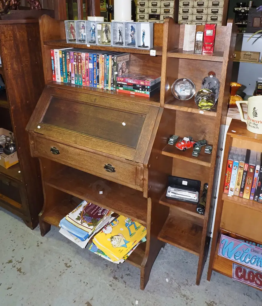 arts and craft style solid oak bookcase bureau with drop front desk, single drawer, unusual shelves to Image 1++