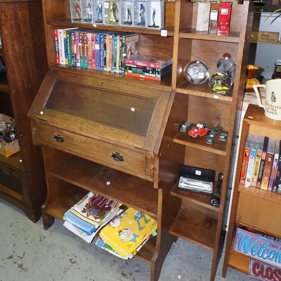 arts and craft style solid oak bookcase bureau with drop front desk, single drawer, unusual shelves to