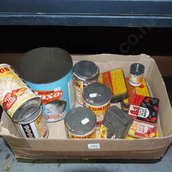 box of vintage tins