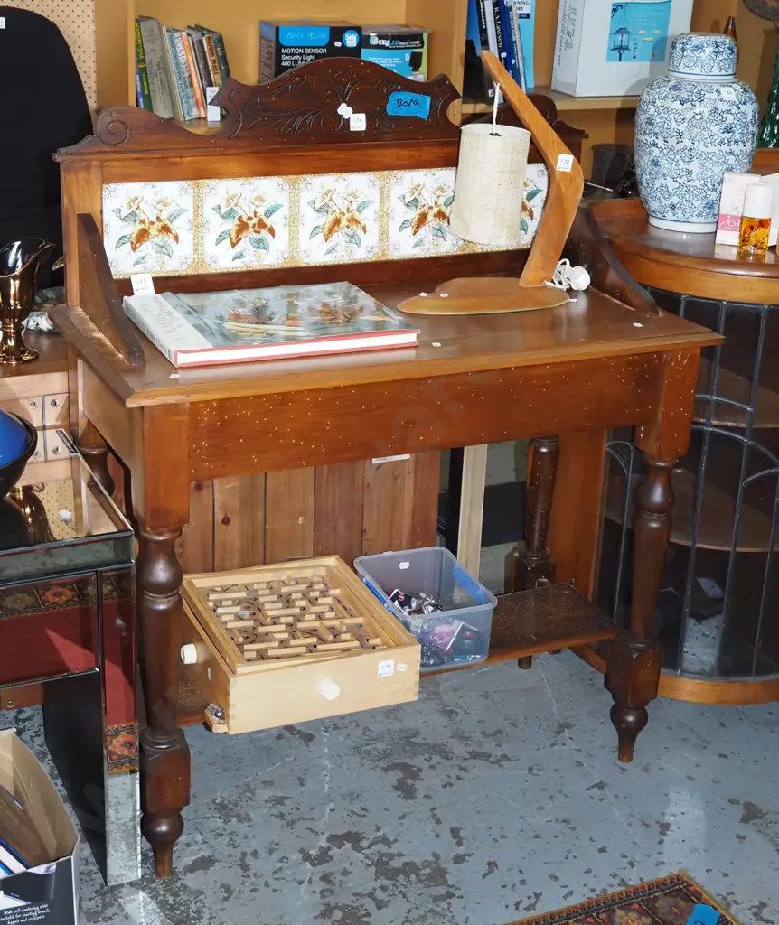 Edwardian turned leg tile back washstand - significant borer Image 1++