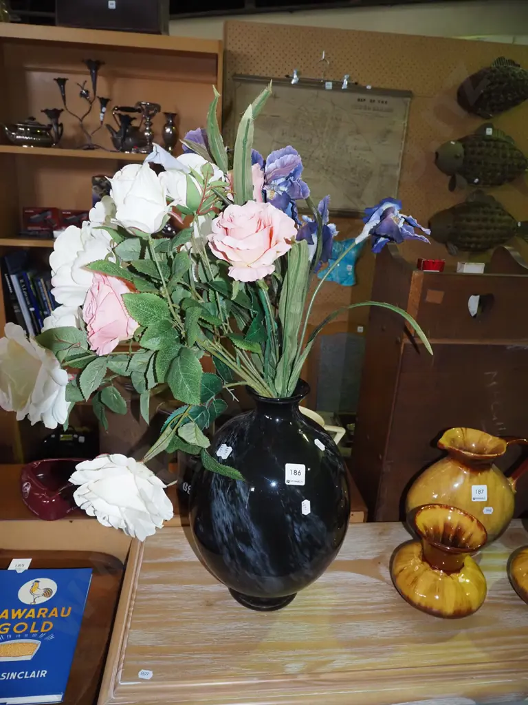 faux flowers in black swirl patterned glazed vase H350 Image 1++