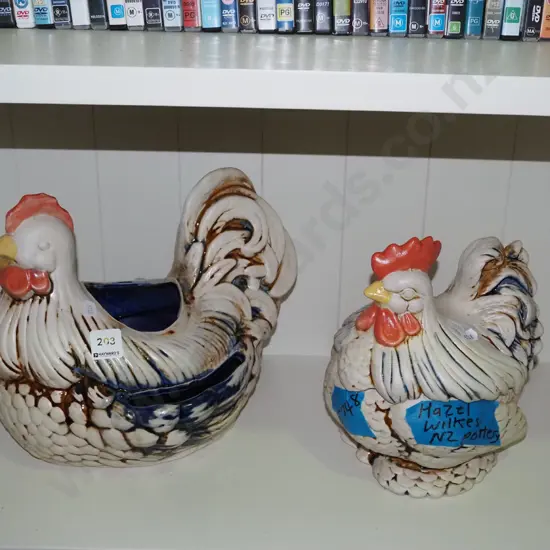 Hazel Wilkes studio pottery poultry vase, lidded canister