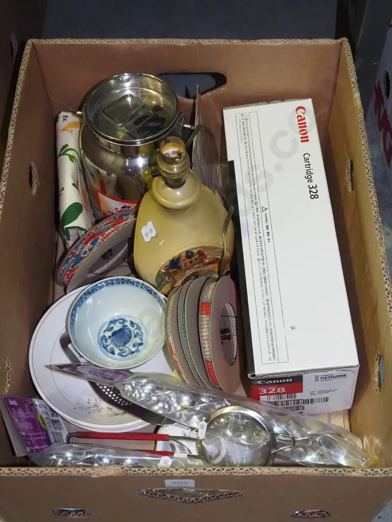 box; printer cartridge, lamp base, small milk pail etc Image 1++