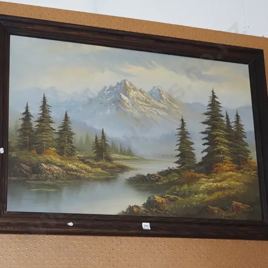 framed oil on board - lake and mountain scene