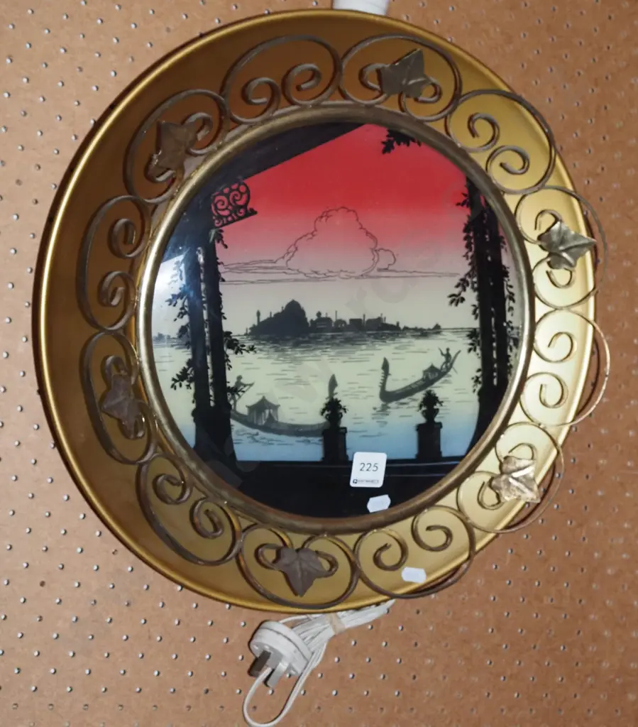 retro wrought metal and glass illuminated wall art - Venice and gondalas  As Is No Returns Diam430 Image 1++