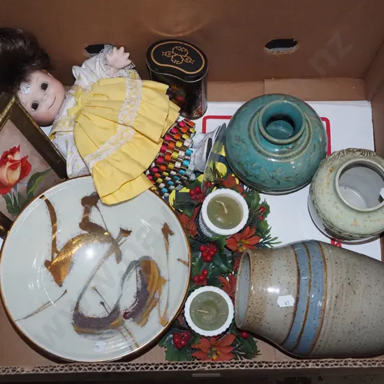 box; doll, vase, tin, small oil on board etc