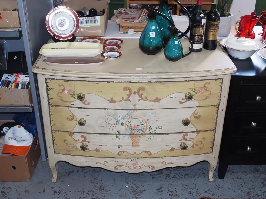 French themed 3 drawer chest with hand painted distressed paint work, cast metal knobs H775 W1030 D545 Image 1++