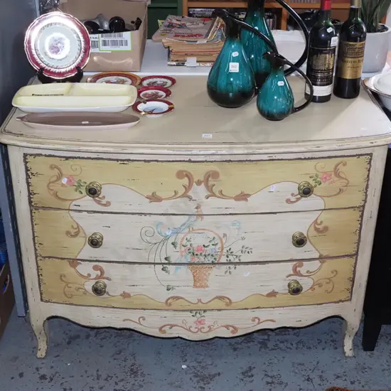 French themed 3 drawer chest with hand painted distressed paint work, cast metal knobs H775 W1030 D545