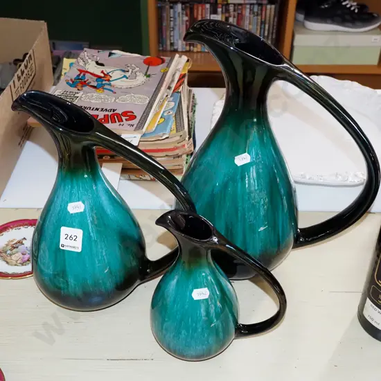 3x Blue Mountain ewer vases H320