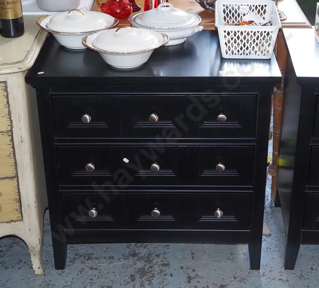 black painted wooden modern 3 drawer chest with 9 cast alloy handles H720 W740 D435 Image 1++
