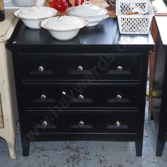 black painted wooden modern 3 drawer chest with 9 cast alloy handles H720 W740 D435