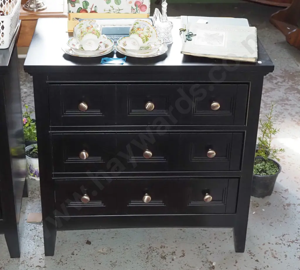 black painted wooden modern 3 drawer chest with 9 cast alloy handles H720 W740 D435 Image 1++