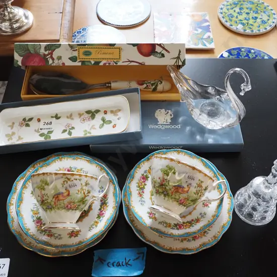 Portmeirion serving spoon, Wedgwood dish, glass bell, swan, 2x Royal Albert trios - cracks