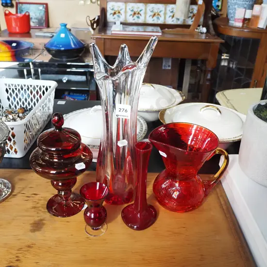 ruby glass vases, lidded canister, jug Tallest vase H300