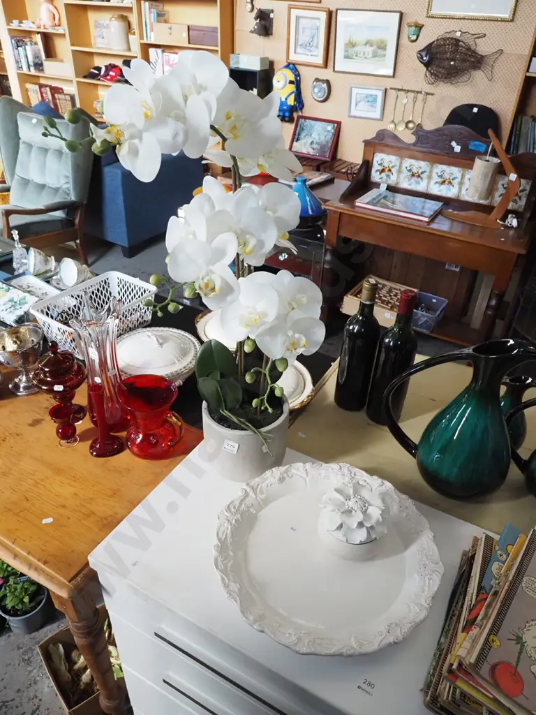 faux orchids, ashet, ceramic floral themed truiket box Image 1++