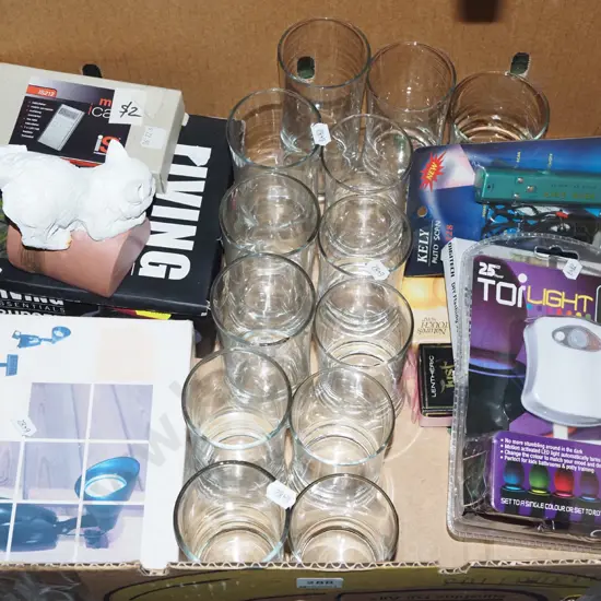 box; glass tumblers, cat figurine, security light etc